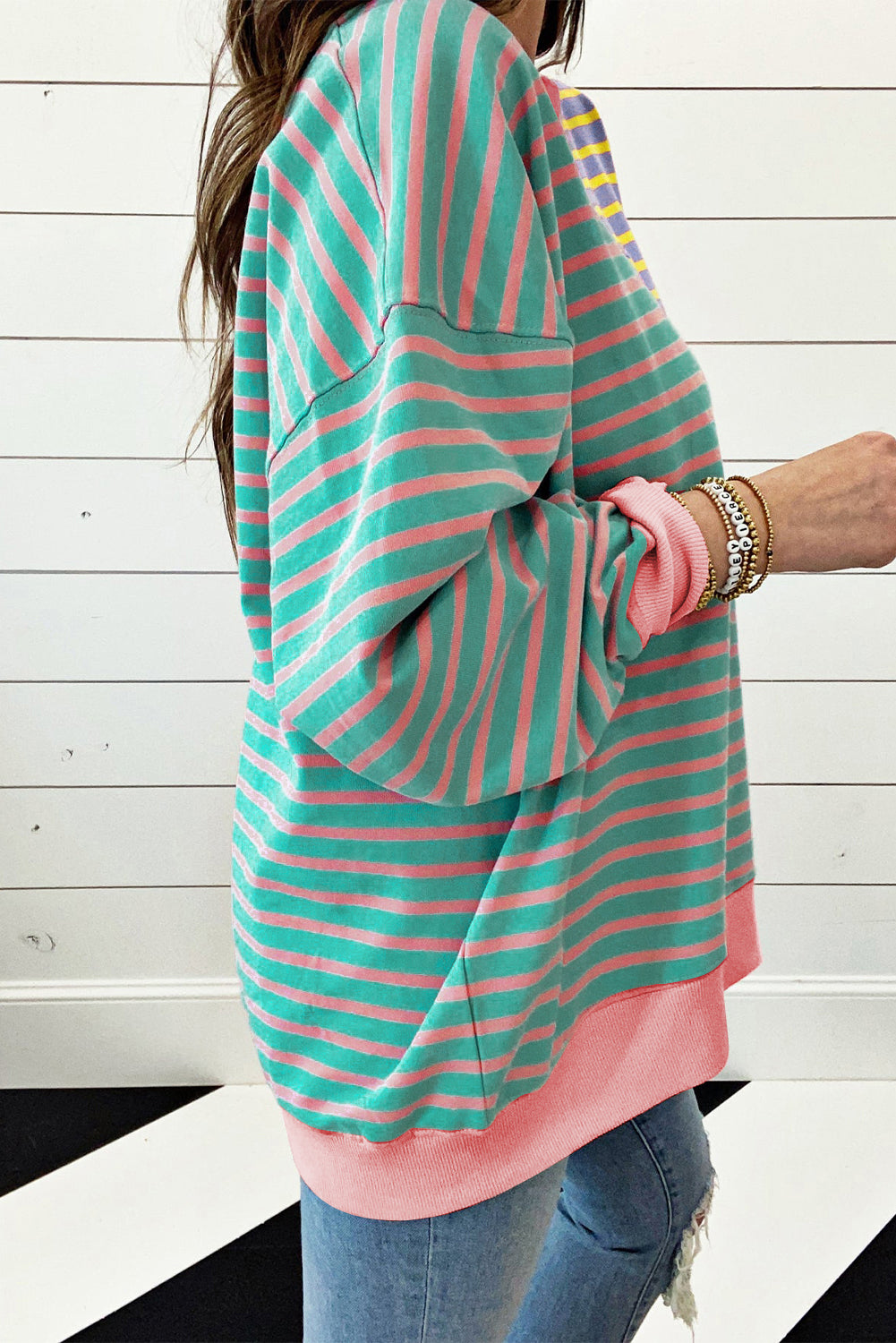 Casual Stripe Colorblock Drop Shoulder Oversize Sweatshirt Sweatshirts & Hoodies JT's Designer Fashion