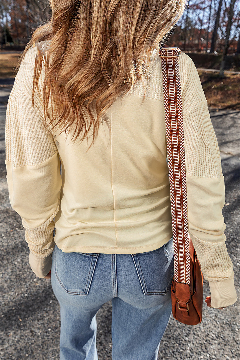 Beige Thermal Knit Patchwork Exposed Seam Long Sleeve Top Long Sleeve Tops JT's Designer Fashion