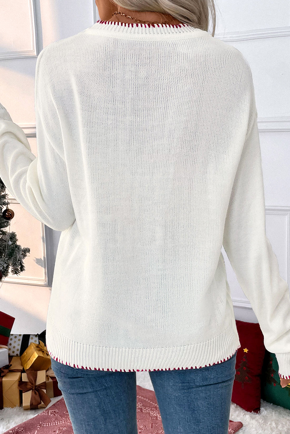 White Bow Pattern Contrast Trim Christmas Loose Graphic Sweater Sweaters JT's Designer Fashion