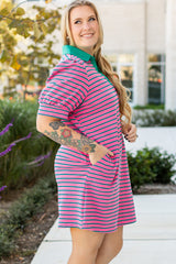 Rose Stripe Collared V Neck Puff Sleeve Shift T Shirt Dress with Pockets Plus Size Mini Dresses JT's Designer Fashion