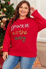 Racing Red Sparkle All The Way Tinsel Crew Neck Plus Size Sweater Plus Size Sweaters & Cardigans JT's Designer Fashion