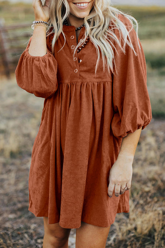 Gold Flame Corduroy Snap Buttons Empire Waist Bracelet Sleeve Dress Mini Dresses JT's Designer Fashion