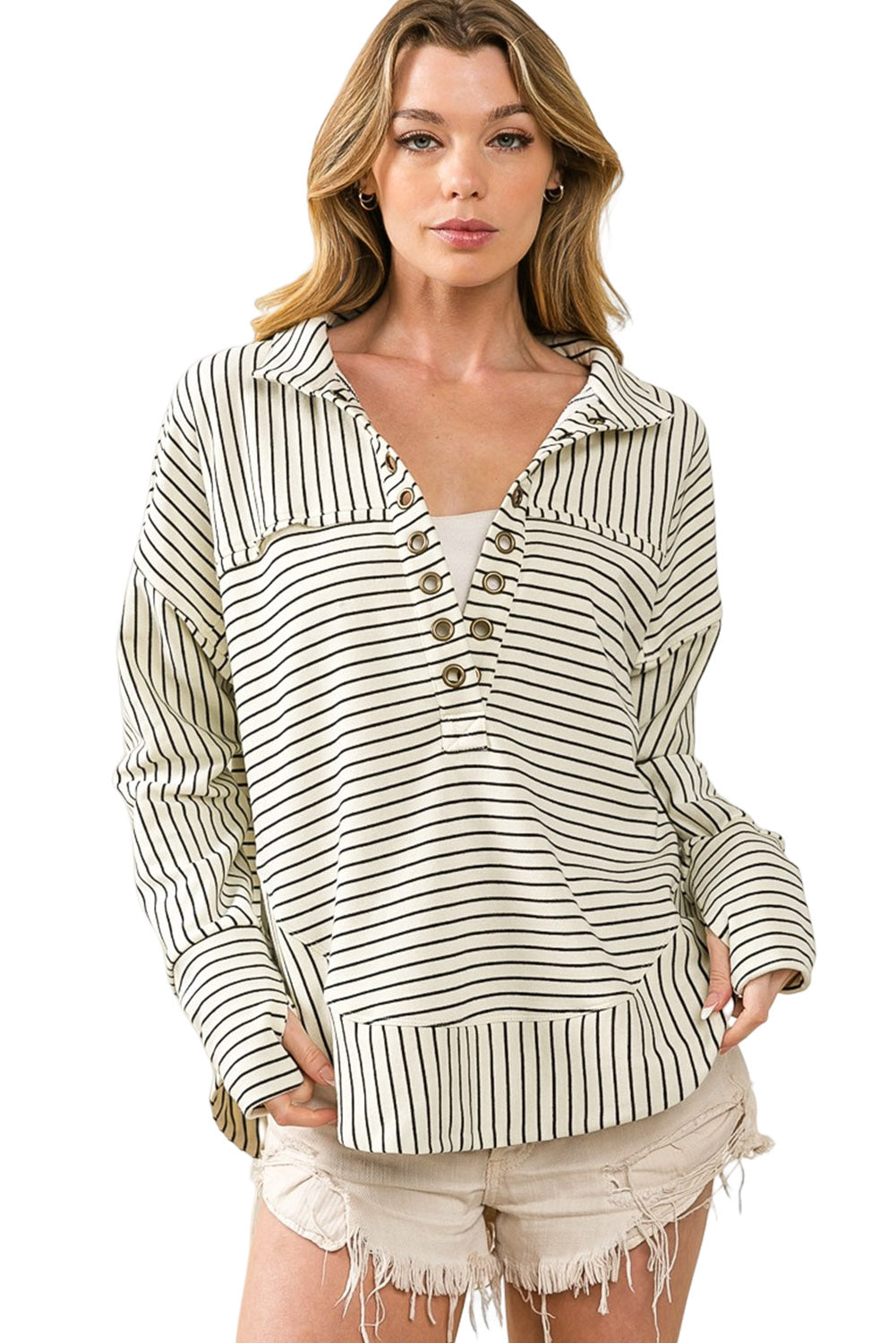 White Striped Thumbhole Drop Shoulder V Neck Top Long Sleeve Tops JT's Designer Fashion