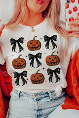 White Halloween Pumpkin Face Bowknot Graphic T Shirt Graphic Tees JT's Designer Fashion