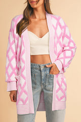 Pink Rhombus Pattern Knit Open Front Pocketed Cardigans Cardigans JT's Designer Fashion