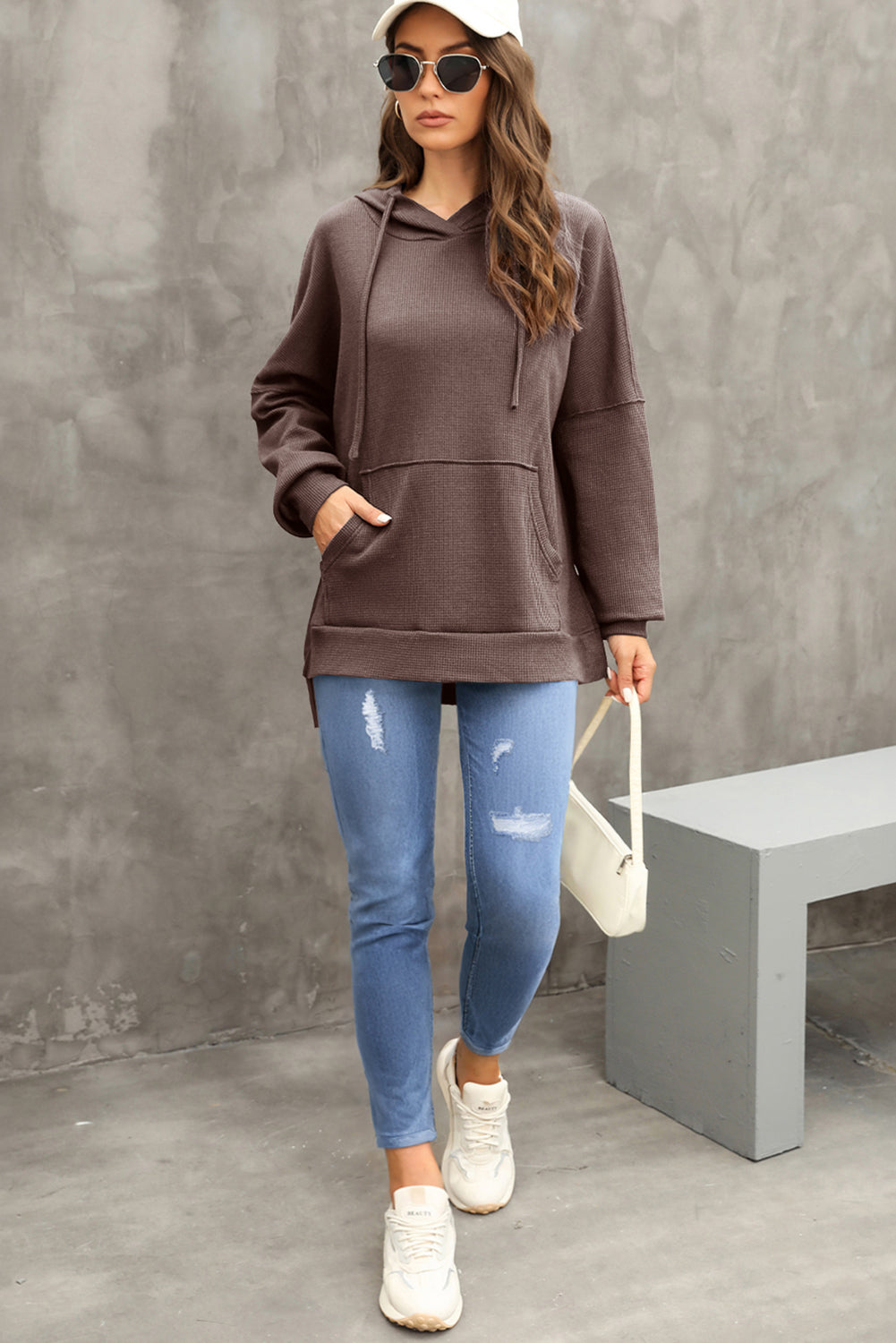 Coffee Waffle Knit Fleece Lined High Low Oversized Hoodie Sweatshirts & Hoodies JT's Designer Fashion