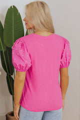 Bright Pink Ribbed Pearl Beaded Puff Sleeve Top Blouses & Shirts JT's Designer Fashion
