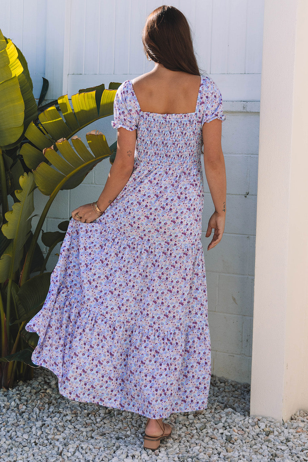 Purple Floral Short Bubble Sleeve Shirred High Waist Long Dress Maxi Dresses JT's Designer Fashion