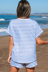 Sky Blue Stripe Knitted Short Sleeve Top and Drawstring Shorts Set Short Sets JT's Designer Fashion