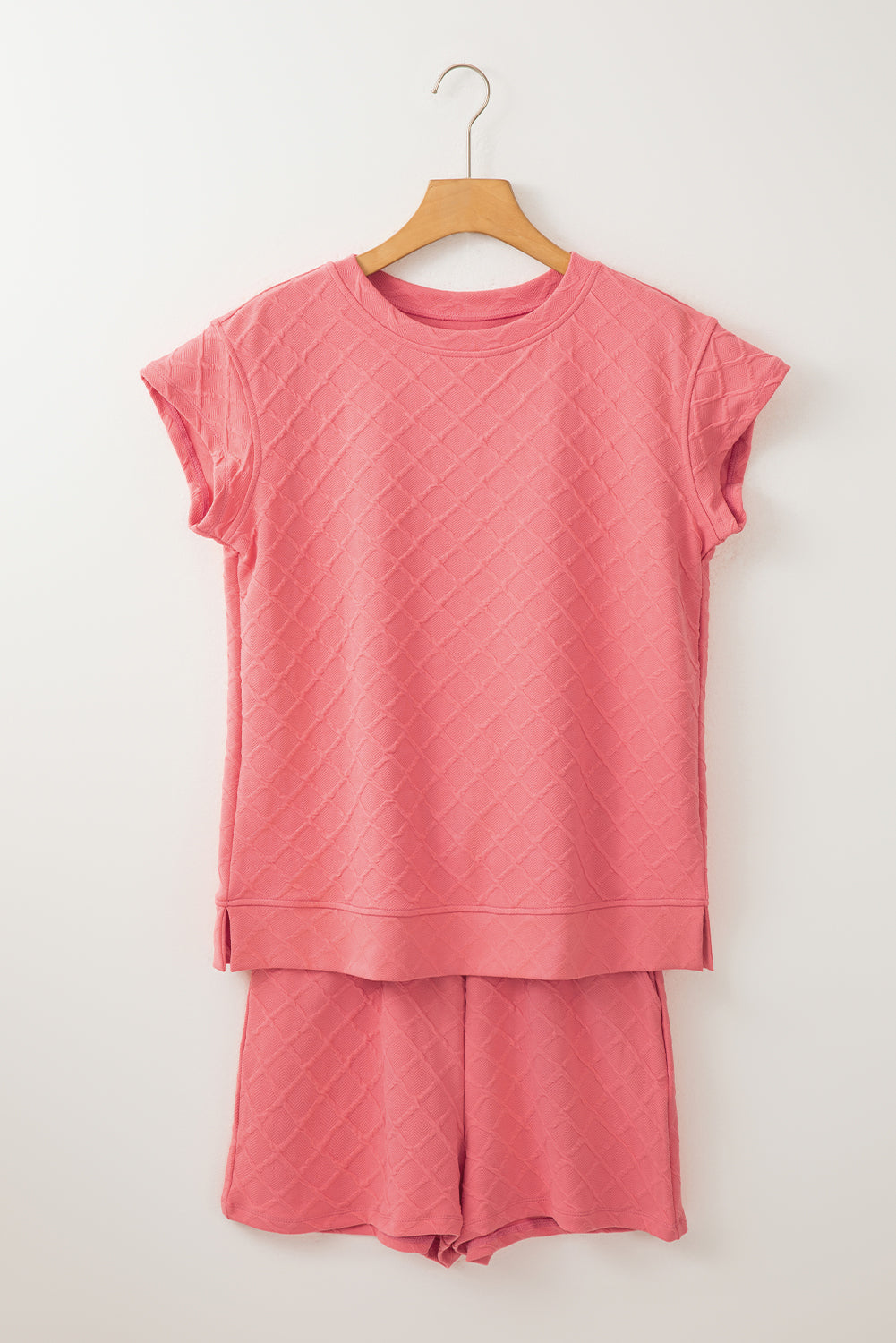 Pale Chestnut Checkered Textured Tee and Drawstring Shorts Short Sets JT's Designer Fashion