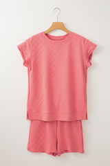 Pale Chestnut Checkered Textured Tee and Drawstring Shorts Short Sets JT's Designer Fashion