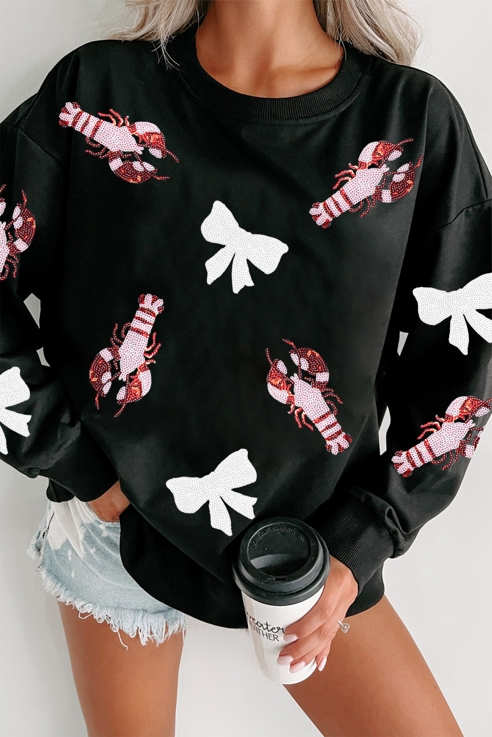 Black Crawfish Bow Sequin Patched Graphic Sweatshirt Black 50%Polyester+50%Cotton Graphic Sweatshirts JT's Designer Fashion