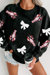 Black Crawfish Bow Sequin Patched Graphic Sweatshirt Black 50%Polyester+50%Cotton Graphic Sweatshirts JT's Designer Fashion
