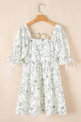 Beige Floral Print Square Neck Shirred Back Puff Sleeve Mini Dress Floral Dresses JT's Designer Fashion