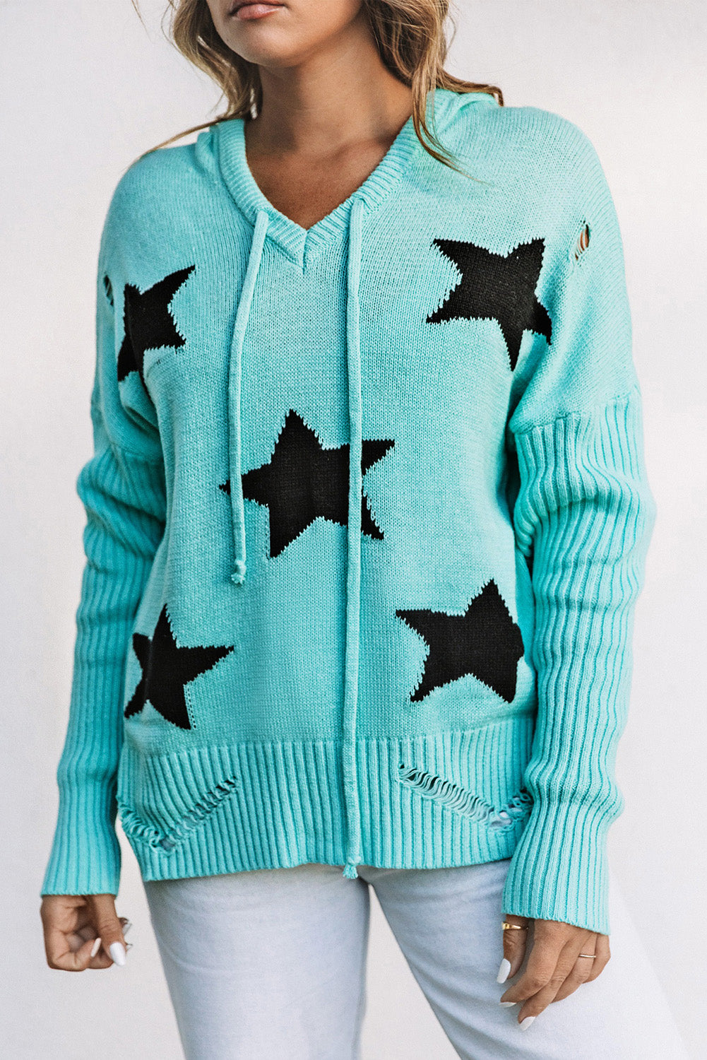 Green V Neck Star Pattern Hooded Sweater with Slits Sweaters & Cardigans JT's Designer Fashion