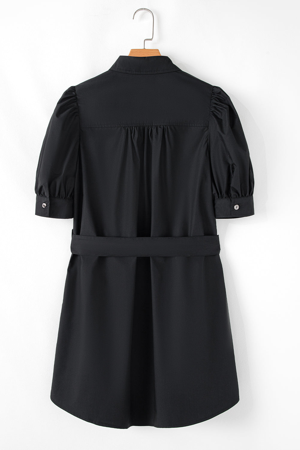 Black Button Up Tie Waist Puff Sleeve Mini Dress Mini Dresses JT's Designer Fashion