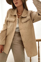 Light French Beige Solid Frilled Flap Pocket Button Up Corduroy Shacket Jackets JT's Designer Fashion