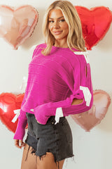 Rose Red Bow Knot Cut Out Round Neck Loose Sweater Sweaters JT's Designer Fashion