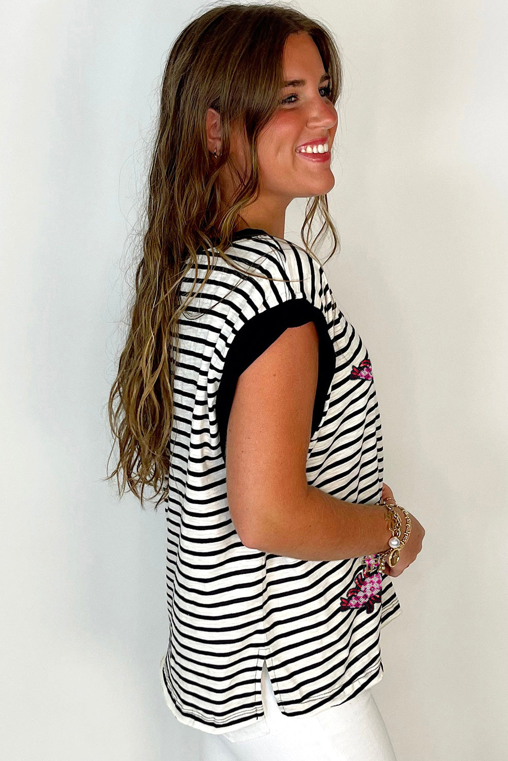 Black Stripe Sequined Lobster Patched Pocket Casual Tank Top Graphic Tees JT's Designer Fashion