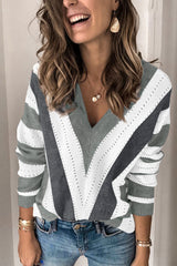 Gray Striped Colorblock V Neck Knitted Sweater Sweaters & Cardigans JT's Designer Fashion