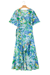 Green Leaves Print Short Sleeve Surplice Neck Ruffled Trim Plus Size Maxi Dress Plus Size Maxi Dresses JT's Designer Fashion