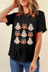 Black Halloween Ghost Pumpkin Print Crew Neck T Shirt Graphic Tees JT's Designer Fashion