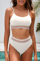 White Textured Contrast Banding Bikini High Waist 2pcs Swimsuit High Waisted Swimsuit JT's Designer Fashion