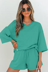 Sea Green Solid Loose V Neck Half Sleeve Tee and Shorts Sea Green 75%Polyester+20%Cotton+5%Elastane Short Sets JT's Designer Fashion