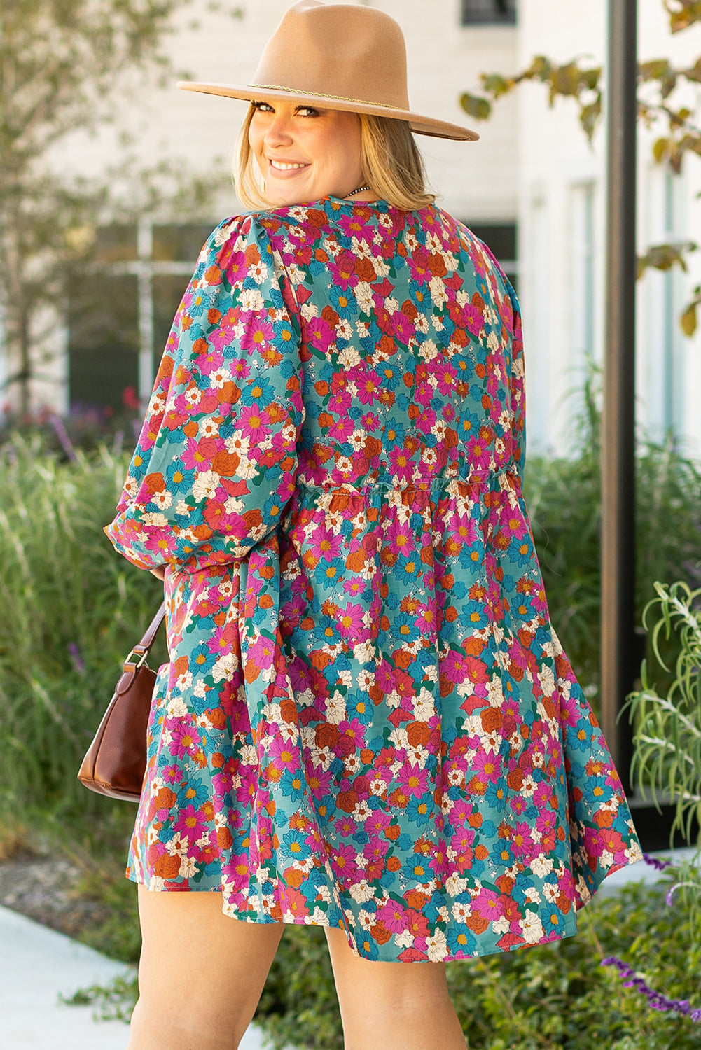 Sky Blue Plus Size Floral Print Shirred Ruffle Tiered Mini Dress Plus Size Mini Dresses JT's Designer Fashion