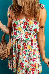 Red Floral Knotted Straps Cinched Waist Ruffle Hem Mini Dress Floral Dresses JT's Designer Fashion