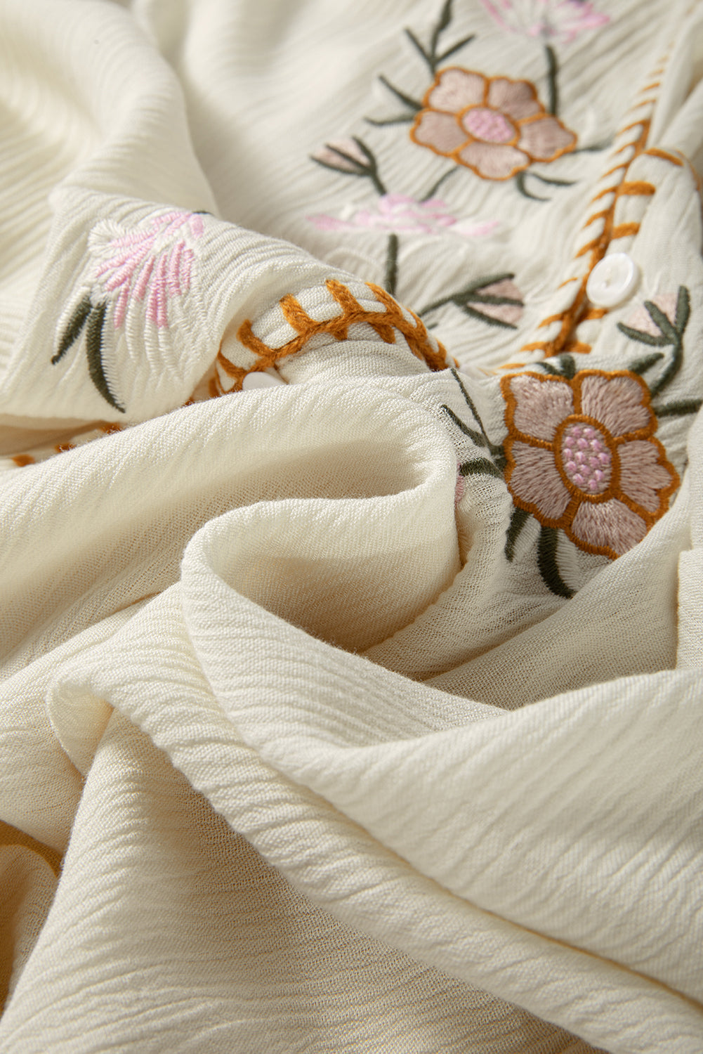 Beige Floral Embroidered Textured Puff Sleeve Loose Shirt Blouses & Shirts JT's Designer Fashion