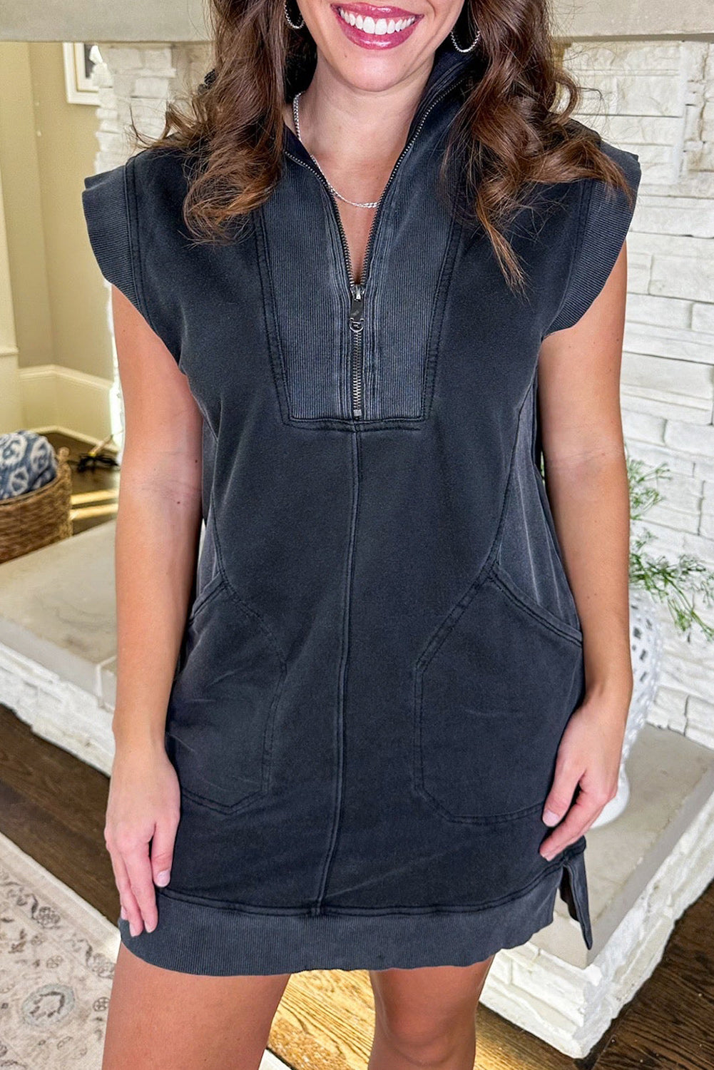 Black Zipped Collared Cap Sleeve Pocketed Sweatshirt Dress Dresses JT's Designer Fashion