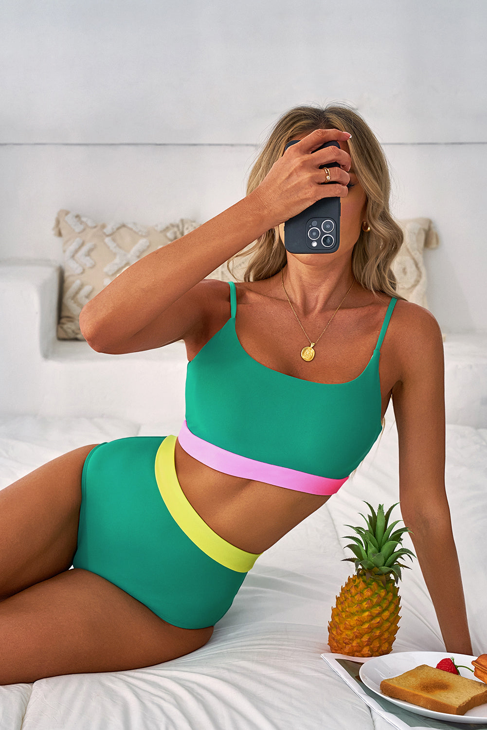 Sea Green Contrast Trim Colorblock Patchwork High Waisted Bikini High Waisted Swimsuit JT's Designer Fashion