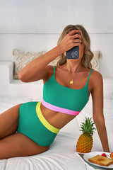 Sea Green Contrast Trim Colorblock Patchwork High Waisted Bikini High Waisted Swimsuit JT's Designer Fashion
