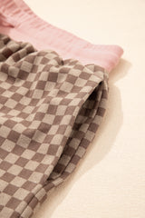 Brown Checkerboard Long Sleeve Pullover and Shorts Set Short Sets JT's Designer Fashion