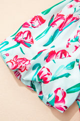 Pink Floral Print Contrast Trim V Neck Bubble Short Sleeve Babydoll Dress Floral Dresses JT's Designer Fashion