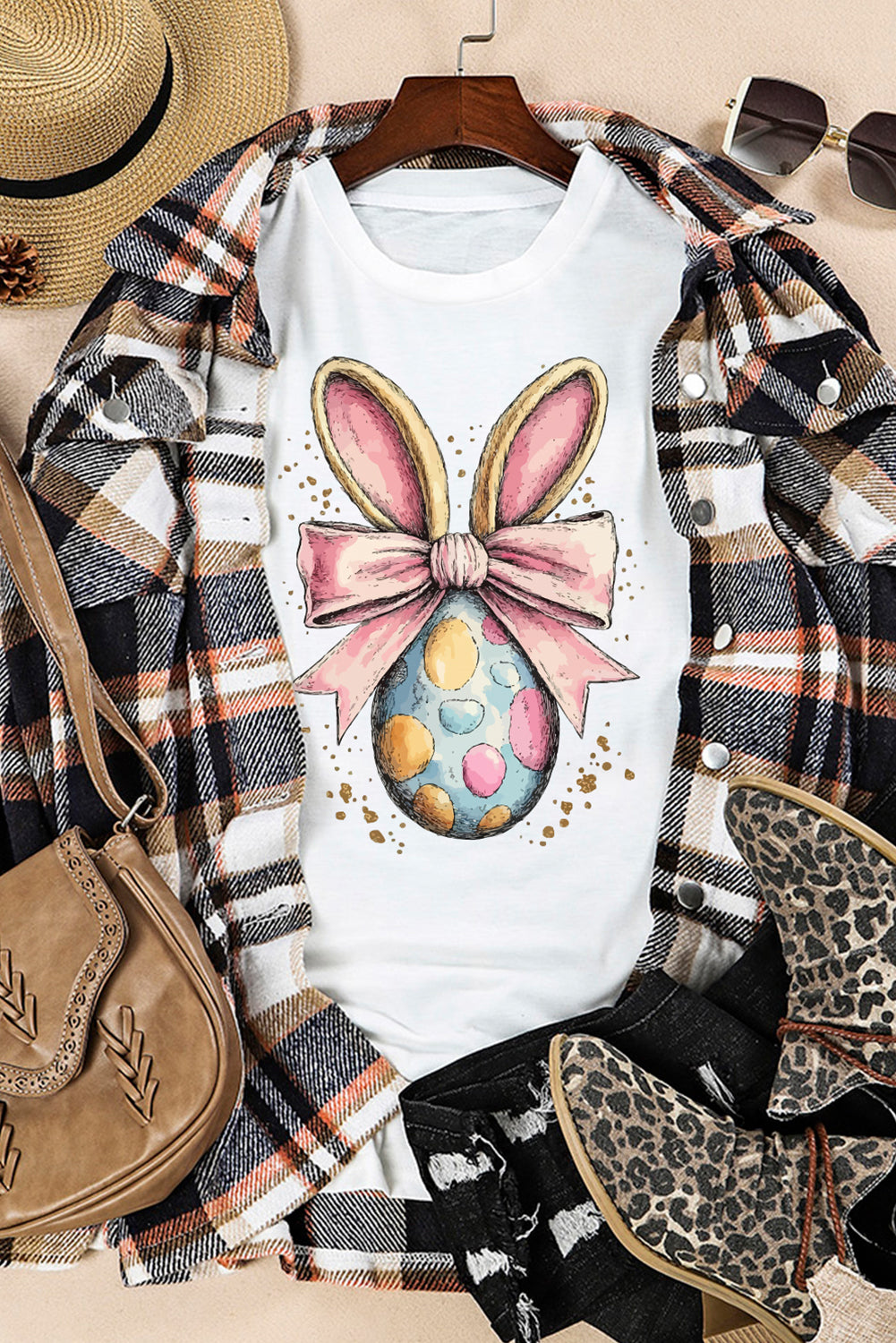 White Easter Egg Bow Bunny Ear Printed T Shirt Graphic Tees JT's Designer Fashion
