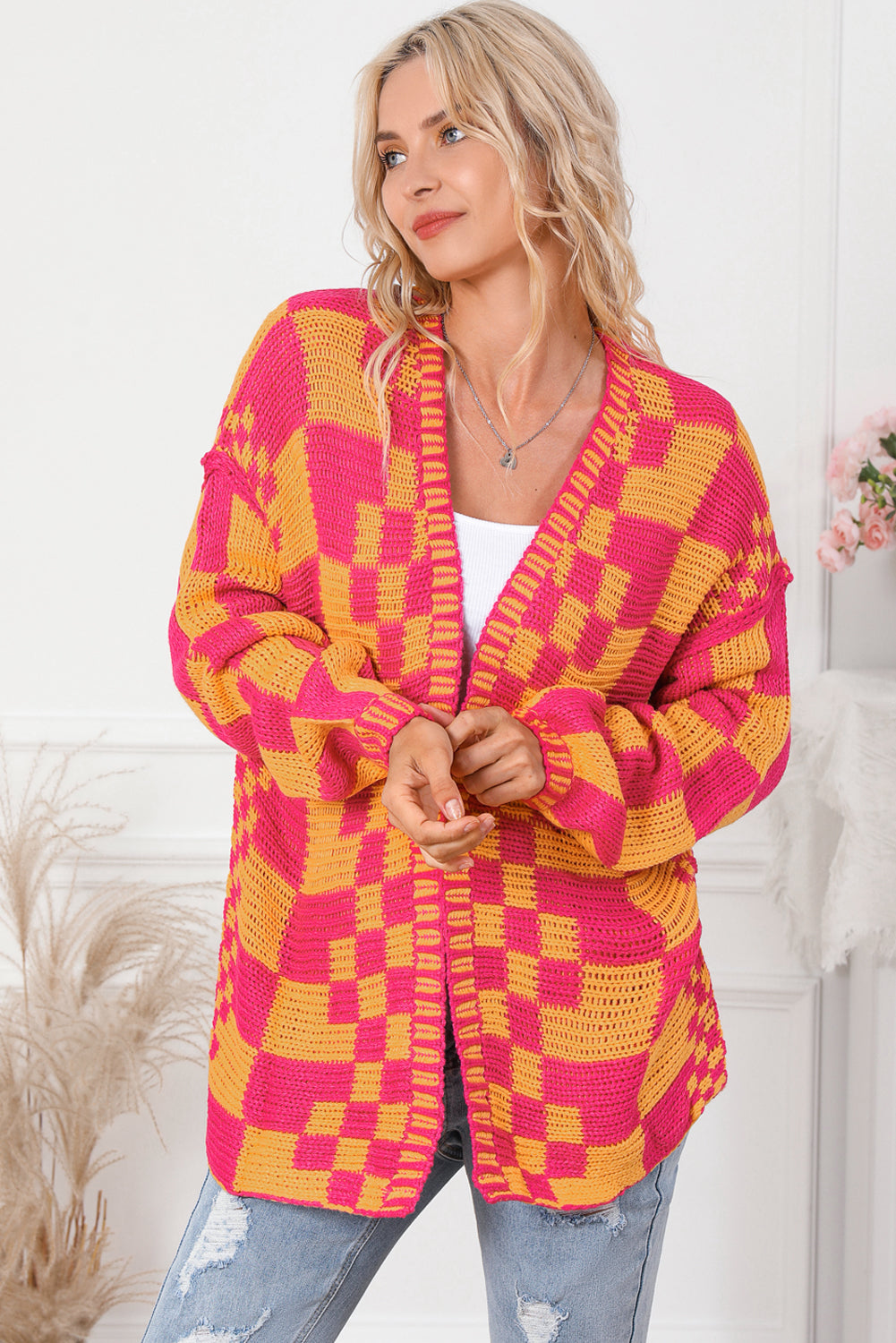 Multicolor Open Front Mixed Checkered Pattern Knit Cardigan Sweaters & Cardigans JT's Designer Fashion