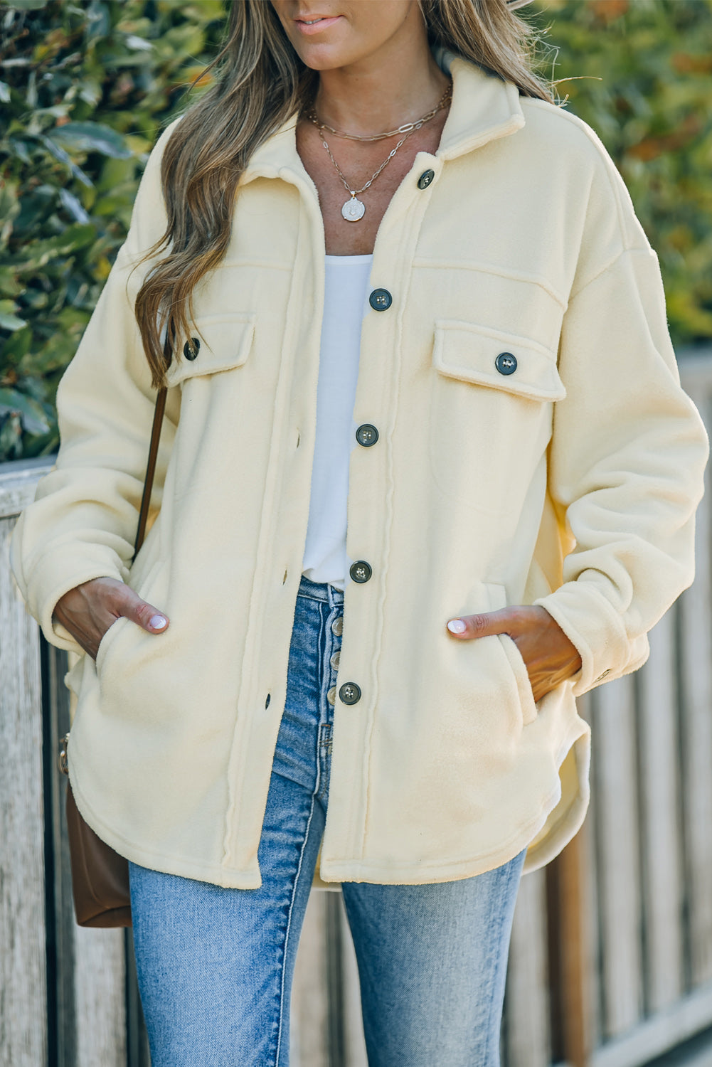 Beige Turn Down Collar Buttoned Shirt Jacket Jackets JT's Designer Fashion