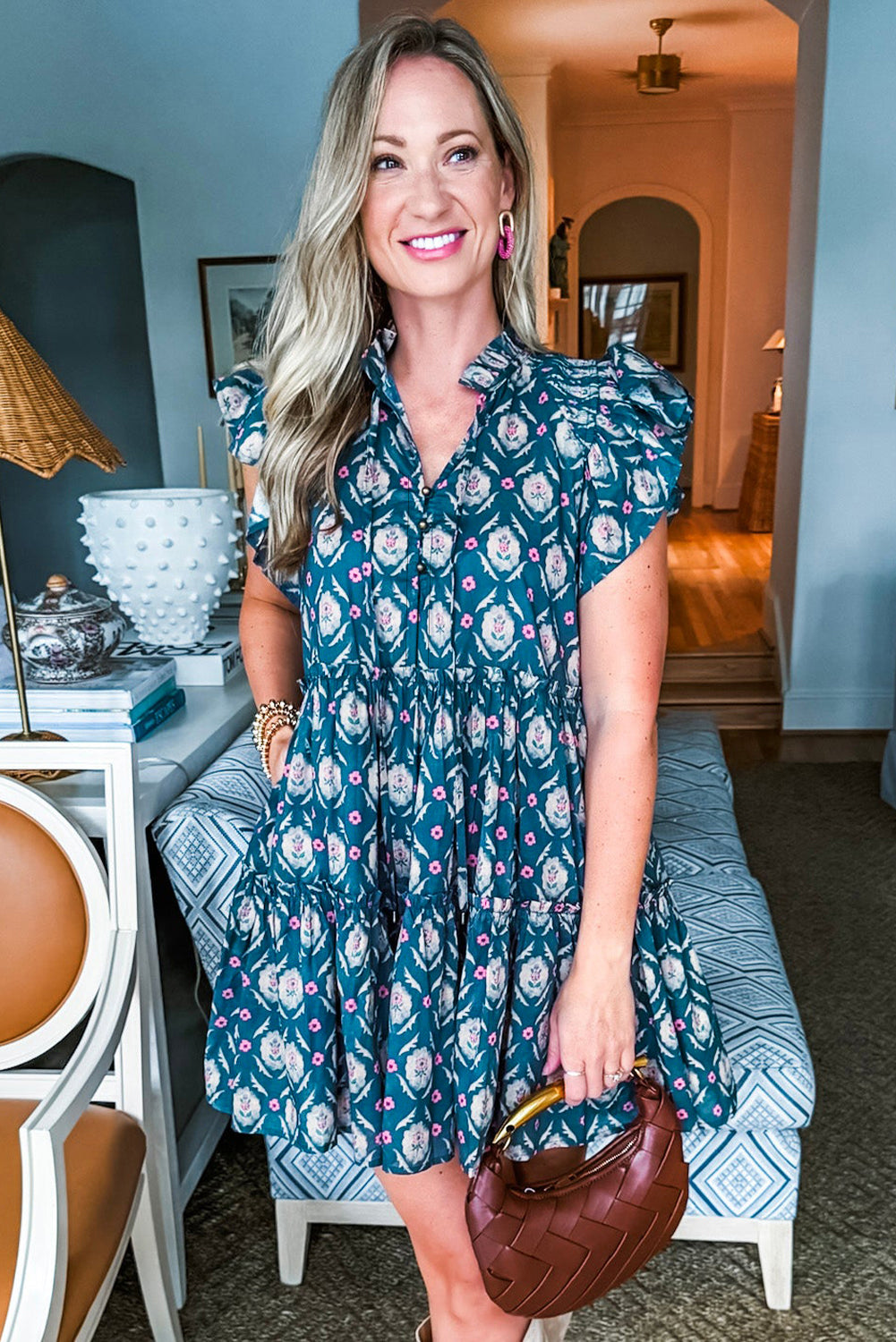 Blue Retro Floral Print Split Neck Ruffle Short Sleeve Dress Floral Dresses JT's Designer Fashion