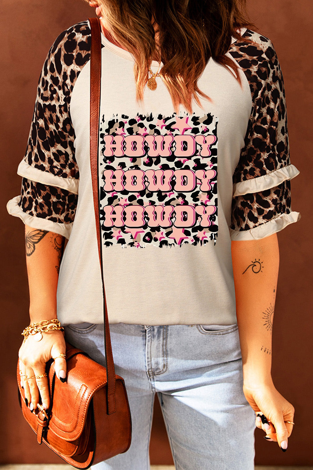 Apricot HOWDY Leopard Print Tiered Ruffled 3/4 Sleeve Tee Graphic Tees JT's Designer Fashion