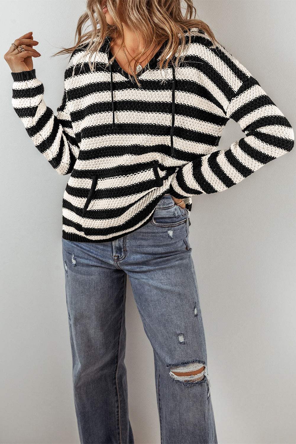 White Stripe V Neck Pocketed Drawstring Hooded Sweater Sweaters JT's Designer Fashion