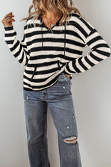 White Stripe V Neck Pocketed Drawstring Hooded Sweater Sweaters JT's Designer Fashion