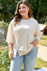 Beige Pearl Decor Crew Neck Half Sleeve Plus Size T Shirt Beige 75%Polyester+20%Cotton+5%Elastane Plus Size Tops & Tees JT's Designer Fashion