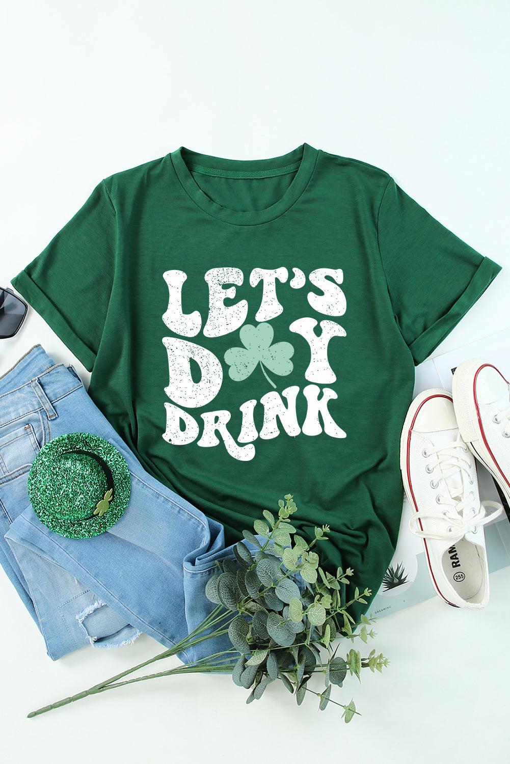 Green Lets Day Drink Clover Print Round Neck T Shirt Graphic Tees JT's Designer Fashion