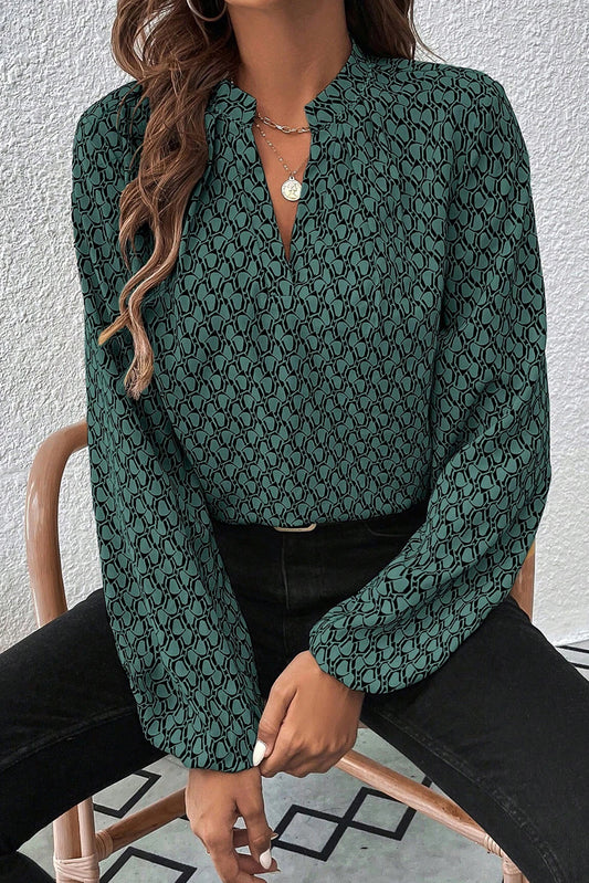 Green Geometric Print Notched Neck Puff Sleeve Blouse Green 100%Polyester Blouses & Shirts JT's Designer Fashion