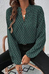 Green Geometric Print Notched Neck Puff Sleeve Blouse Green 100%Polyester Blouses & Shirts JT's Designer Fashion