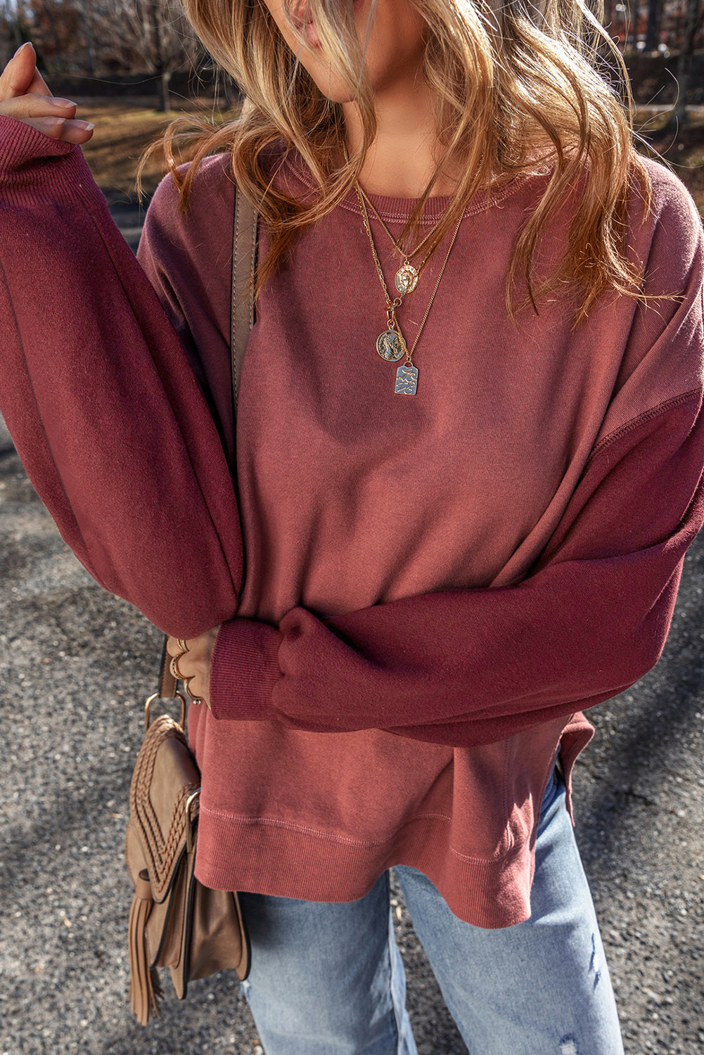 Mineral Red Two Tone Patchwork Drop Shoulder Pullover Sweatshirt Sweatshirts & Hoodies JT's Designer Fashion