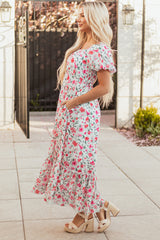 Pink Floral Puff Sleeve Square Neck Empire Waist Tiered Maxi Dress Floral Dresses JT's Designer Fashion