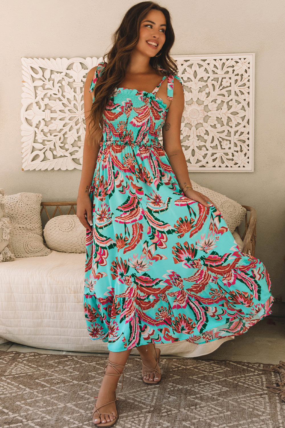 Green Abstract Print Smocked Bodice Knotted Straps Ruffled Long Dress Maxi Dresses JT's Designer Fashion